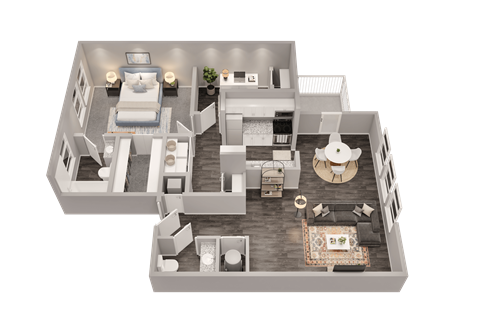 Floor plan for 1 bed, 1.5 baths, 875 sqft